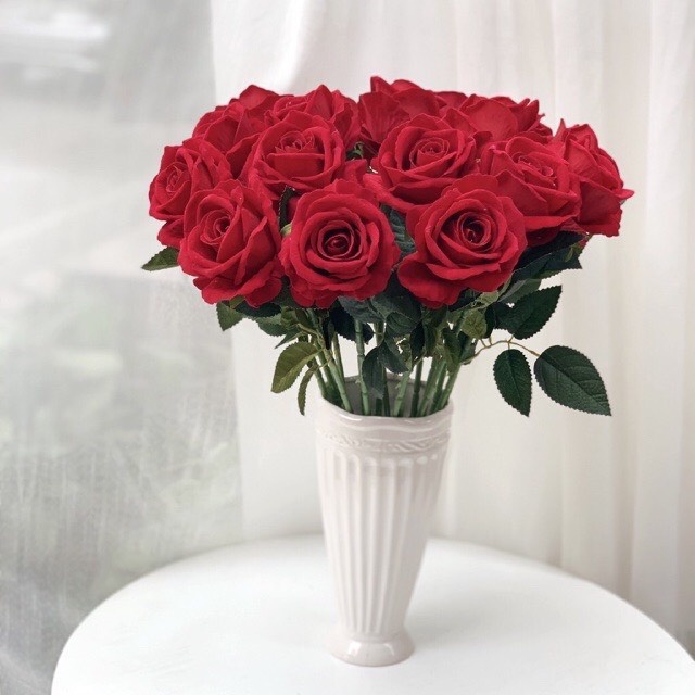 hoa giả - cành hồng nhung giả bông to cành dài 70cm - hàng nhập khẩu cao cấp