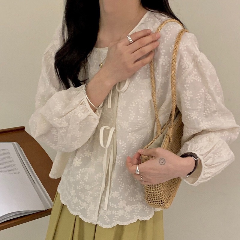 Áo Sơ Mi Đan Móc Mỏng Màu Trơn Thời Trang Xuân Thu Hàn Quốc Mới