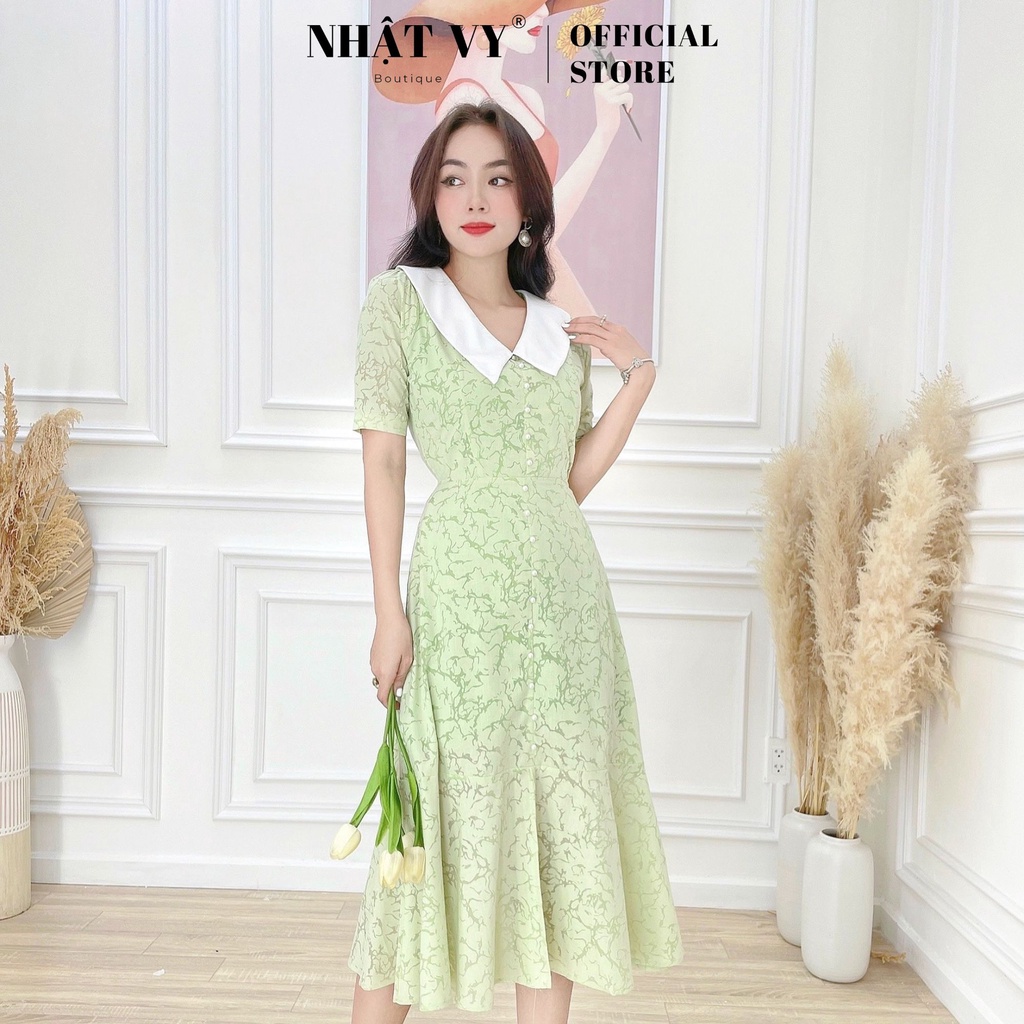 Váy Hoa Đi Tiệc NHẬT VY Tay Ngắn Cổ Tim Dáng Ôm Phối Đính Cúc Đuôi Cá Chất Tơ Vân Màu Hồng, Xanh, Đen - D2432
