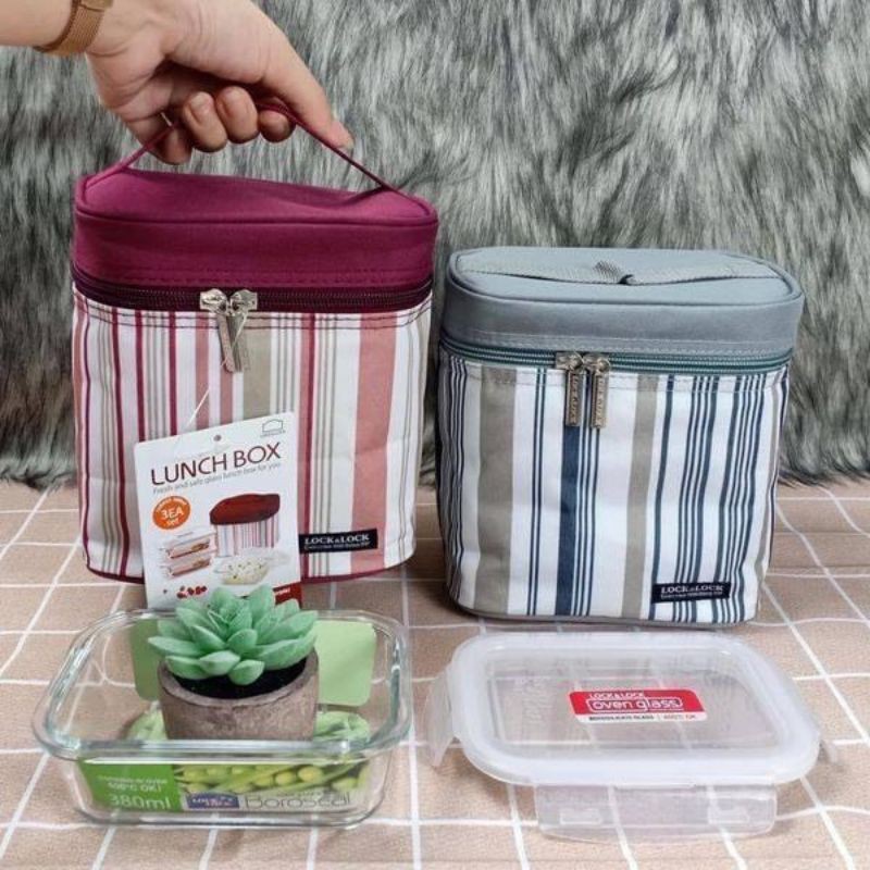 BỘ HỘP CƠM THUỶ TINH KÈM TÚI GIỮ NHIỆT LOCK&LOCK LLG422S3 (3x380ml) - màu kẻ xanh và màu kẻ đỏ | BigBuy360 - bigbuy360.vn