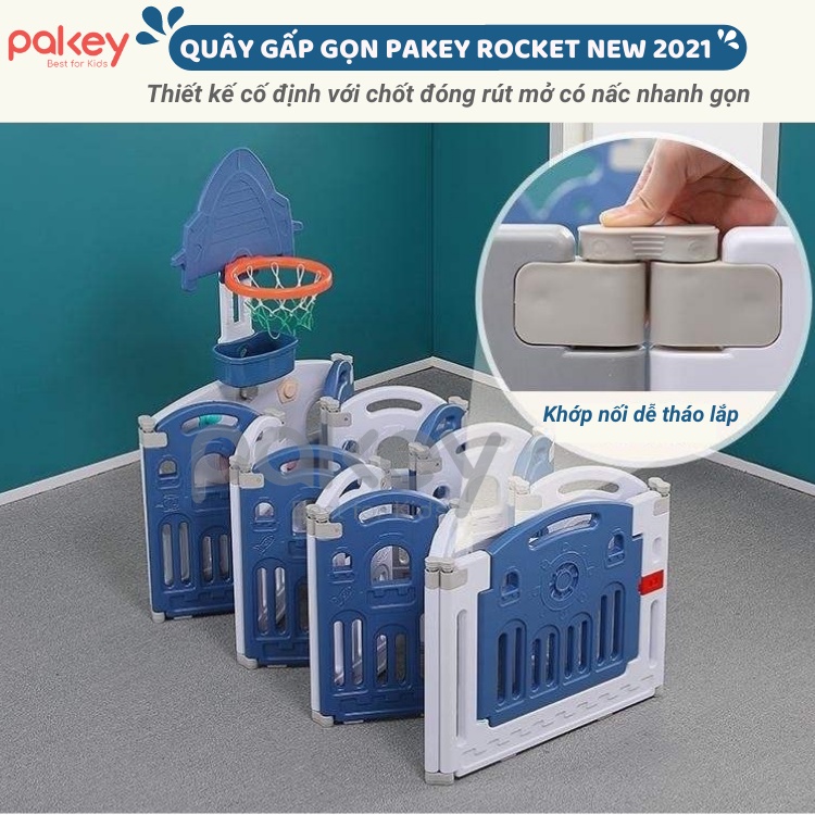 (Tặng bóng + thảm dày) Quây cũi cho bé gấp gọn Pakey Rocket cao 65cm, quây cũi nhựa nguyên sinh an toàn