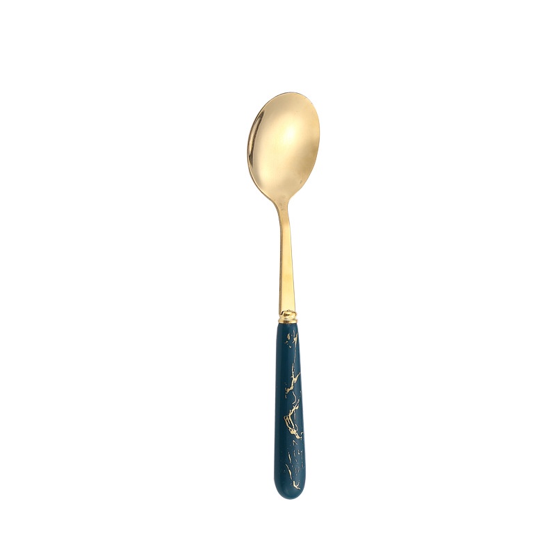 Thìa cán sứ mạ vàng set 6 chiếc cao cấp, Sét 6 thìa xanh