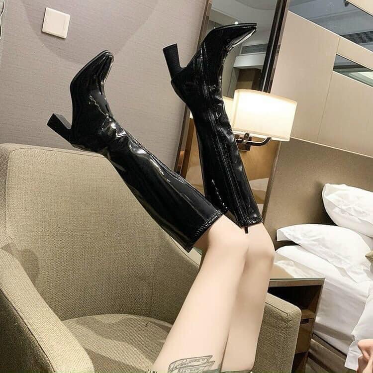 SẴN Boots Đùi Nữ Cao Cổ Da Bóng khóa sau dưới gối cao cấp  hot 2021 Full box 7cm B019