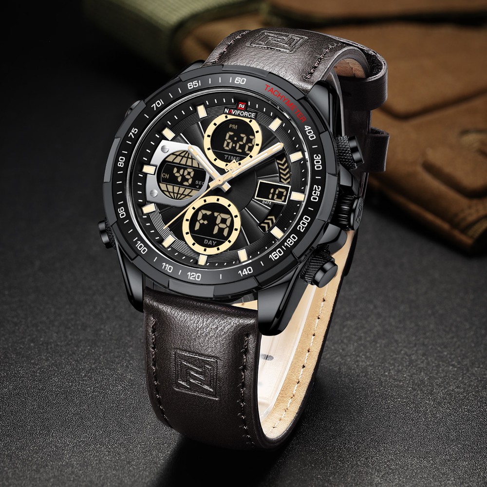 NAVIFORCE Đồng Hồ Đeo Tay Kỹ Thuật Số Dây Da Thật Chống Nước Màu Xanh Lá Phong Cách Doanh Nhân Cho Nam
