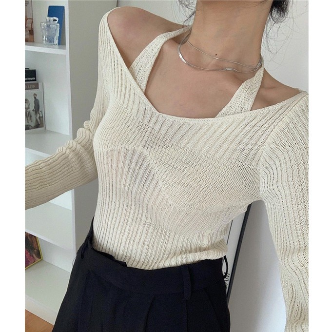 QADCOL Áo sweater dệt kim tay dài dáng ôm thiết kế độc đáo thời trang gợi cảm dành cho nữ
