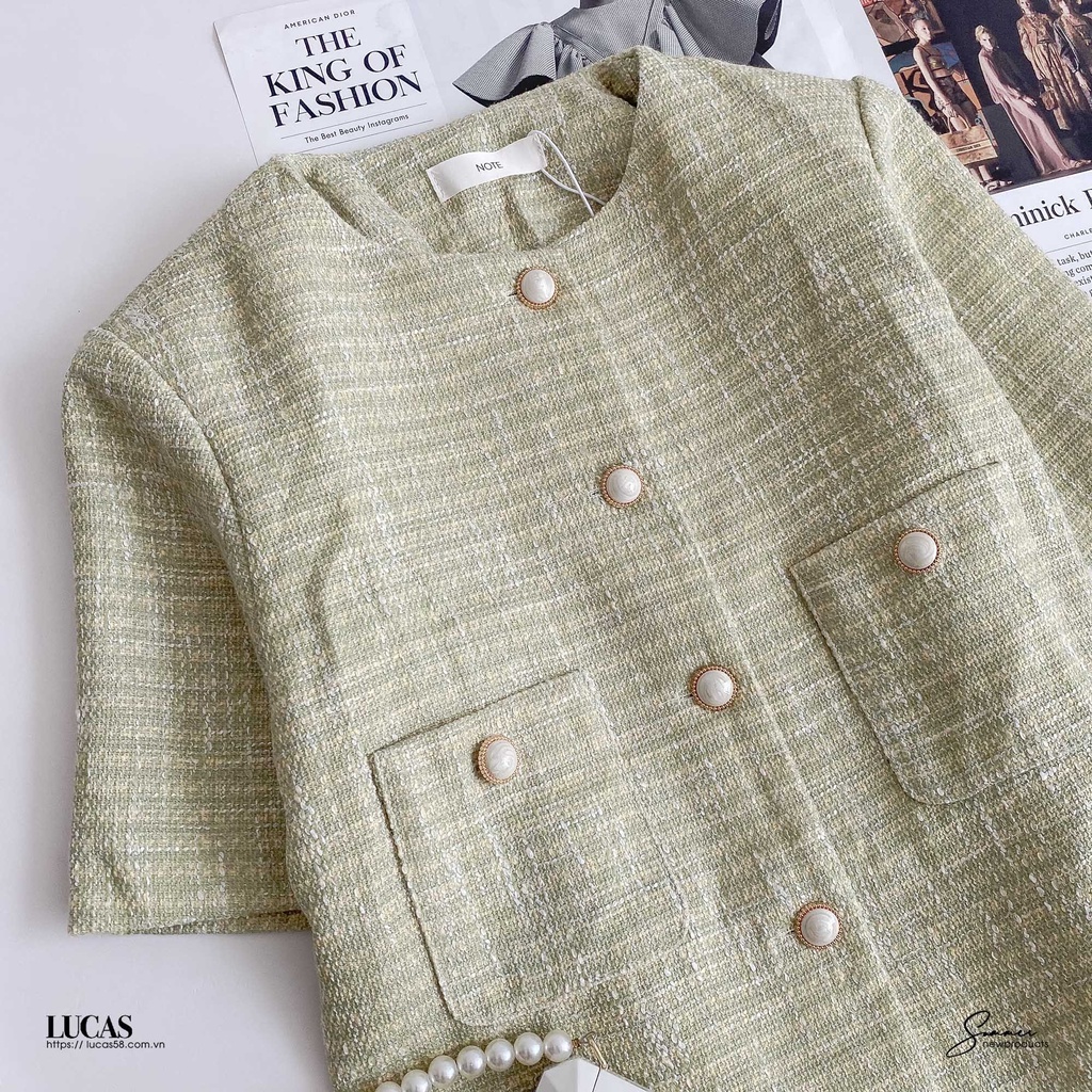 Áo sơ mi note cốm tweed xước trắng cổ tàu tay cộc 2 túi