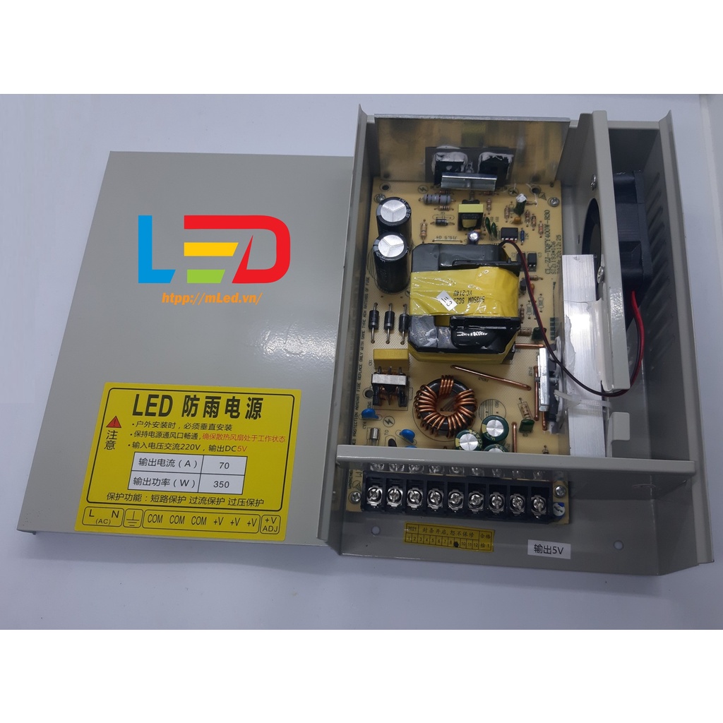 Nguồn 5V 70A - 12V 34A  vỏ sắt tem vàng ngoài trời, chống nước, dùng cho đèn led liền dây, led full, màn hình ma trận