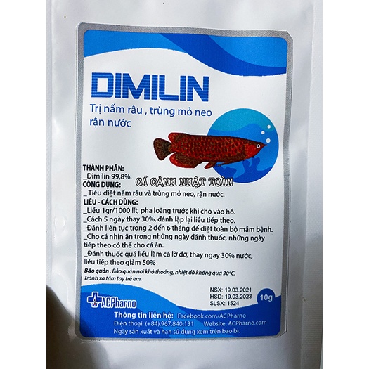 DIMILIN PLUS NẤM RÂU, TRÙNG MỎ NEO, RẬN NƯỚC, KÍ SINH TRÙNG CHO CÁ RỒNG ACPHARNO 10G