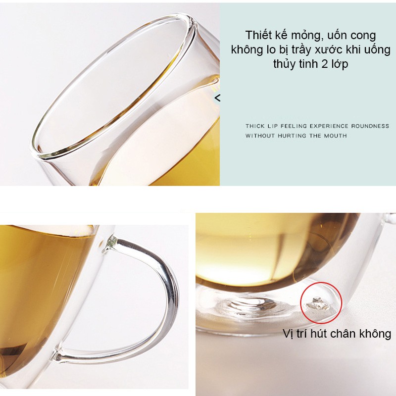 Cốc  thủy tinh 2 lớp giữ nhiệt uống trà và café, có tay cầm