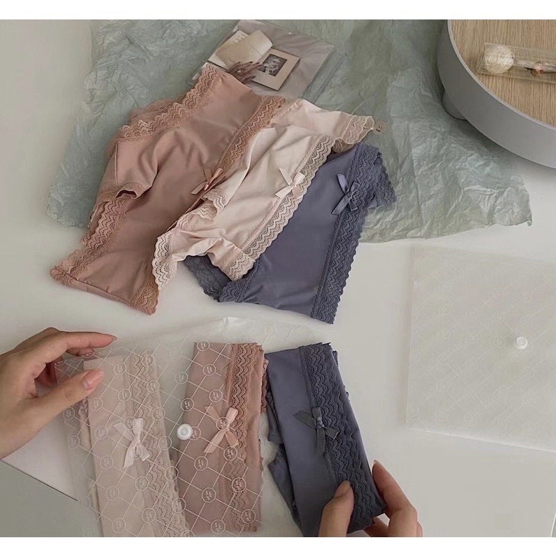 Set 3 Quần Lót Túi Ví Chất Su Mát Lạnh Phối Viền Ren Đính Nơ Cao Cấp