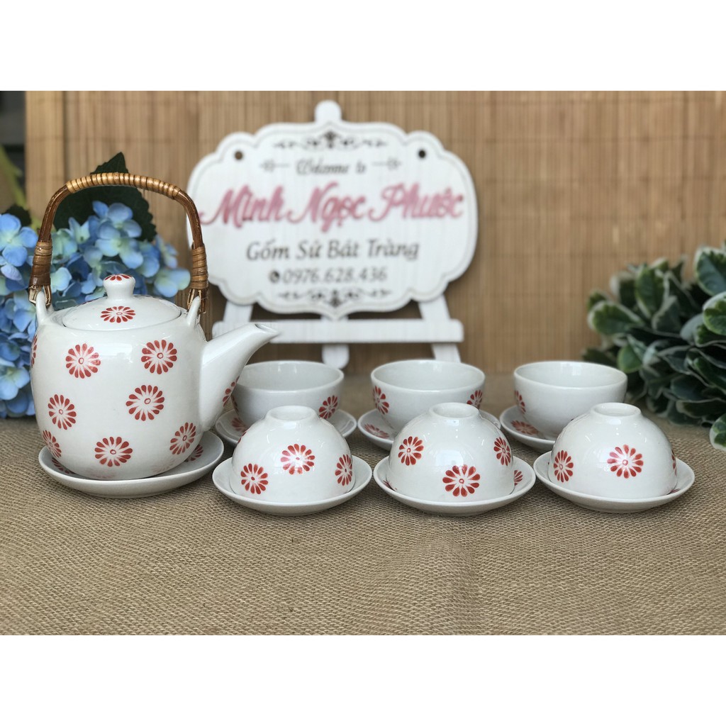 Bộ Ấm trà Sứ Bát Tràng vẽ tay Hoa đỏ ⚡DUNG TÍCH 520ml⚡