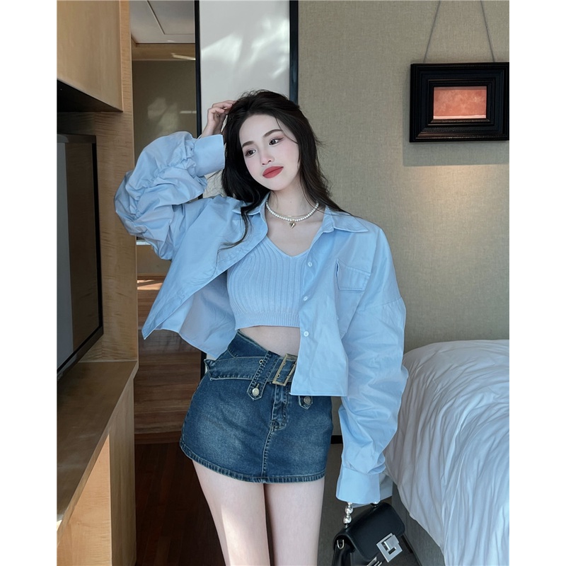 Bộ Áo Sơ Mi Dài Tay Phối Nút + Áo Khoác Dệt Kim Không Tay Xinh Xắn