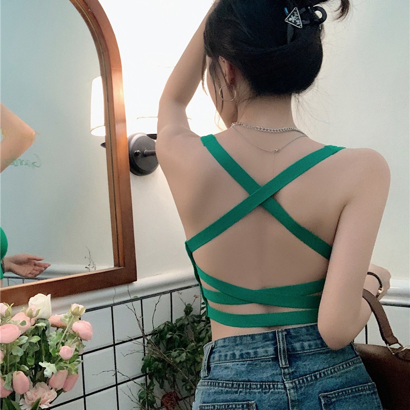Áo Croptop Dệt Kim Hai Dây Màu Trơn Có Đệm Ngực Thời Trang Mùa Hè Hàn Quốc