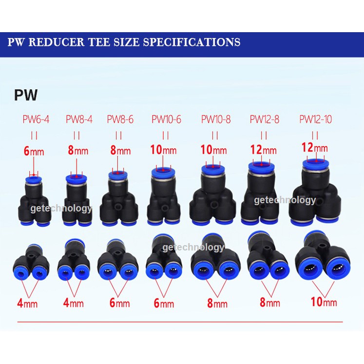 Đầu nối nhanh PW, Đầu nối khí PW chữ Y 3 đầu lệch PW6-4 PW8-6 PW10-8 PW12-10 PW08-4 PW10-6 PW12-8 PW16-12, cút nối PW