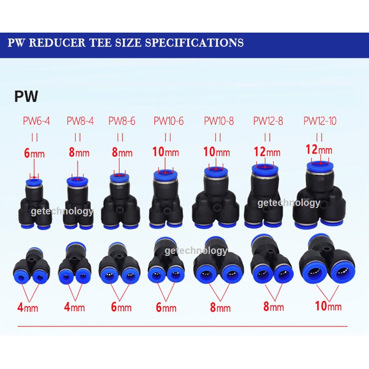 Đầu nối nhanh PW, Đầu nối khí PW chữ Y 3 đầu lệch PW6-4 PW8-6 PW10-8 PW12-10 PW08-4 PW10-6 PW12-8