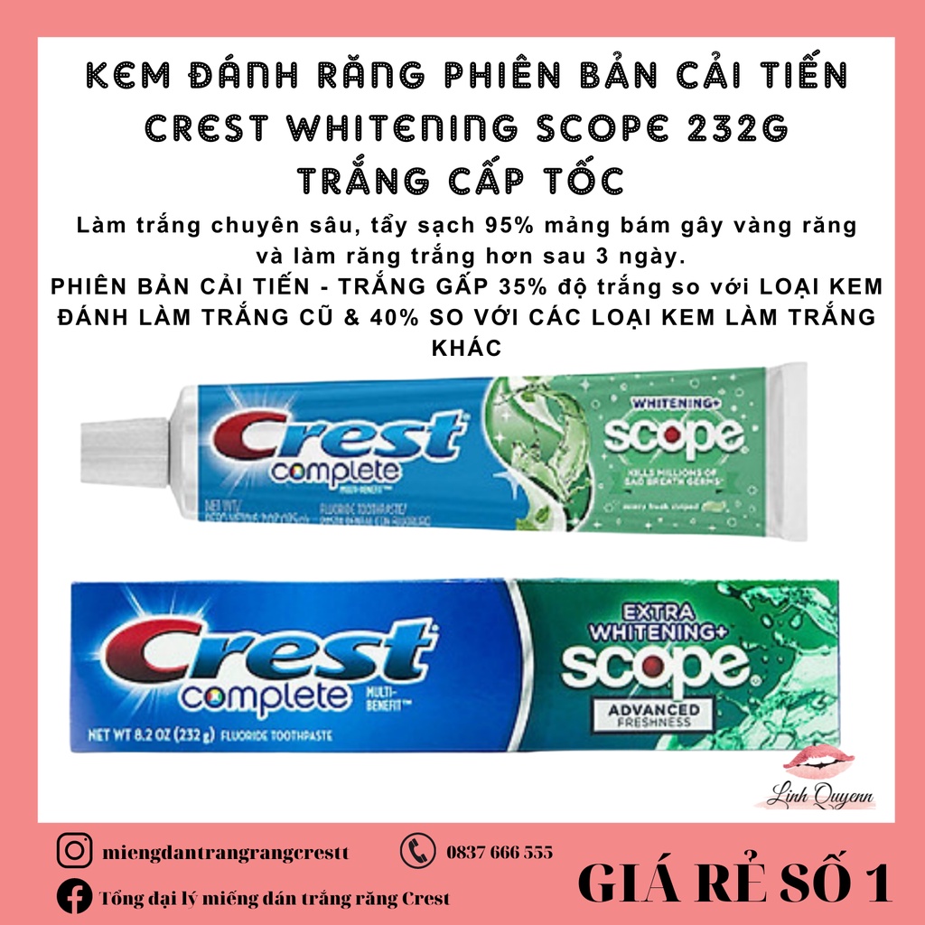 Kem đánh răng Crest Complete Extra Whitening Scope 232G/184G - PHIÊN BẢN CẢI TIẾN TRẮNG GẤP 35%