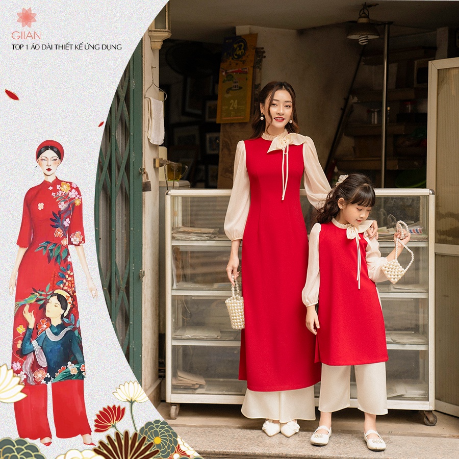 ❦◐Áo dài cách tân màu đỏ mẹ và bé gái, đôi cho cổ đính nơ trẻ trung, tiểu thư - AD410 (Chỉ áo)