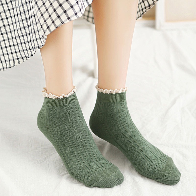 Tất nữ [Hera] Set 5 đôi Tất cổ ngắn cho nữ ren bèo nhún Vớ dệt kim chất cotton