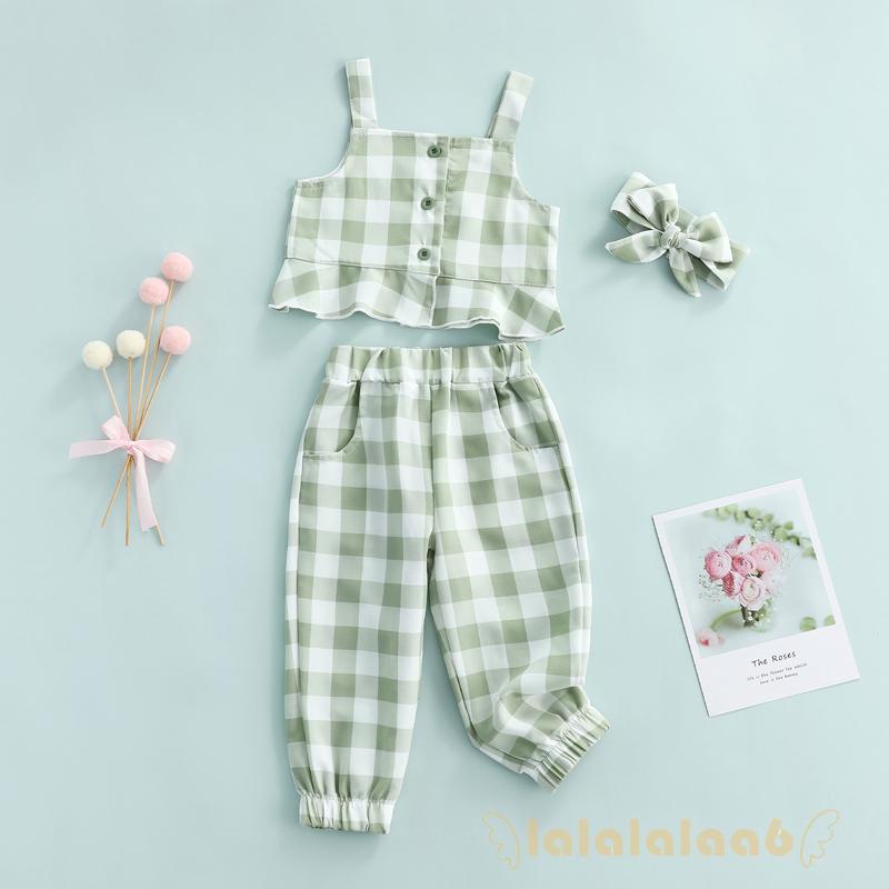 Set Đồ 3 Món Gồm Áo Cổ Thuyền Kẻ Sọc Caro Có Diềm Xếp Nếp + Quần Dài Và Túi Đeo Cho Bé Gái Sơ Sinh