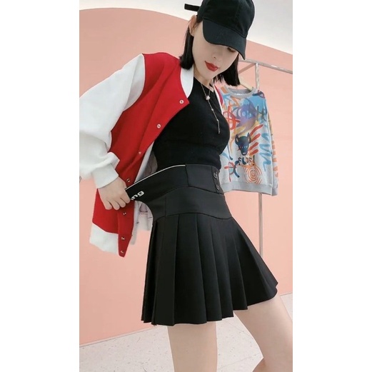 Chân váy chữ a lưng cao màu đen thiết kế xếp ly nữ tính