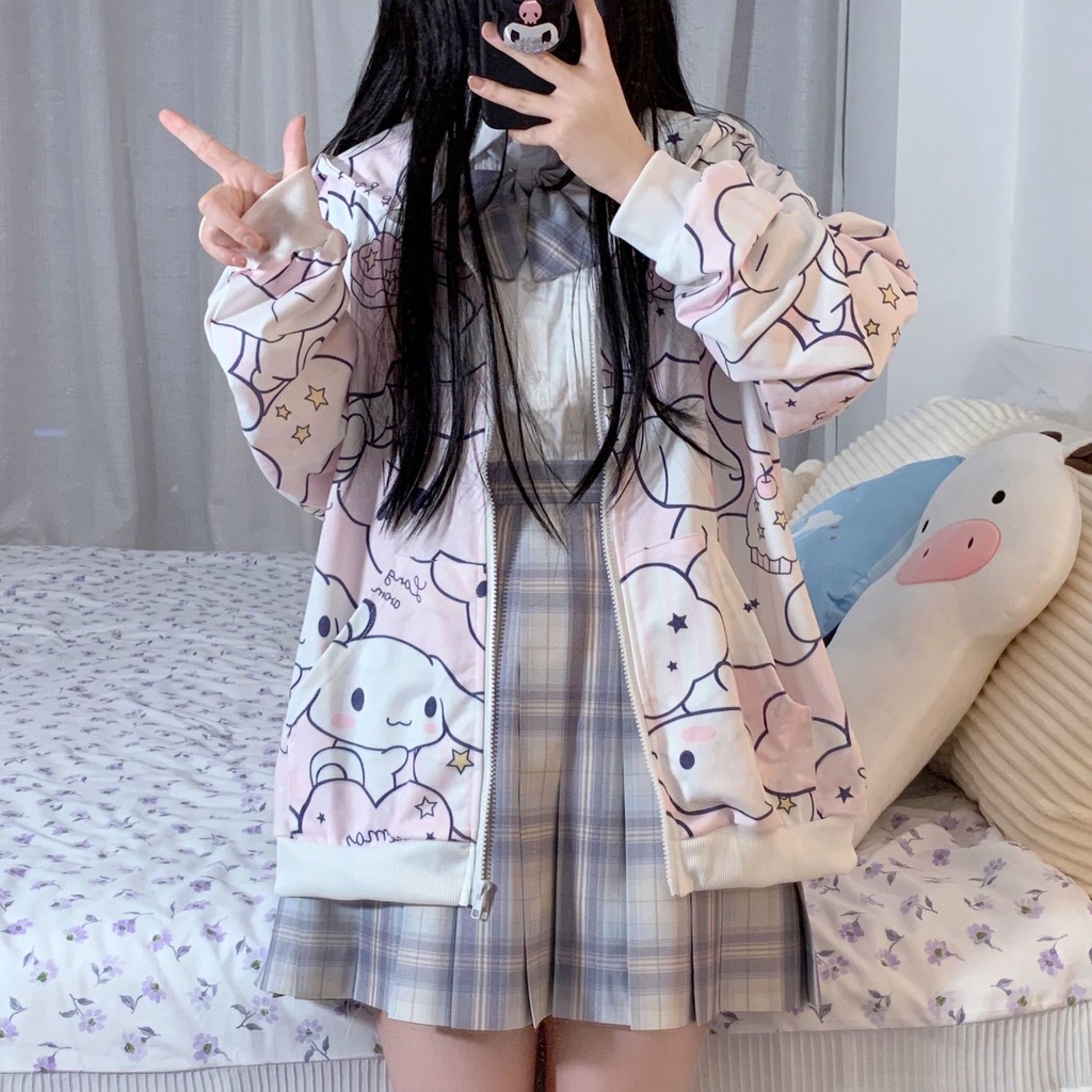 SANRIO Áo Khoác Cardigan Dáng Rộng Có Khóa Kéo In Họa Tiết Hoạt Hình Cinnamoroll Đáng Yêu Cho Nữ Sinh