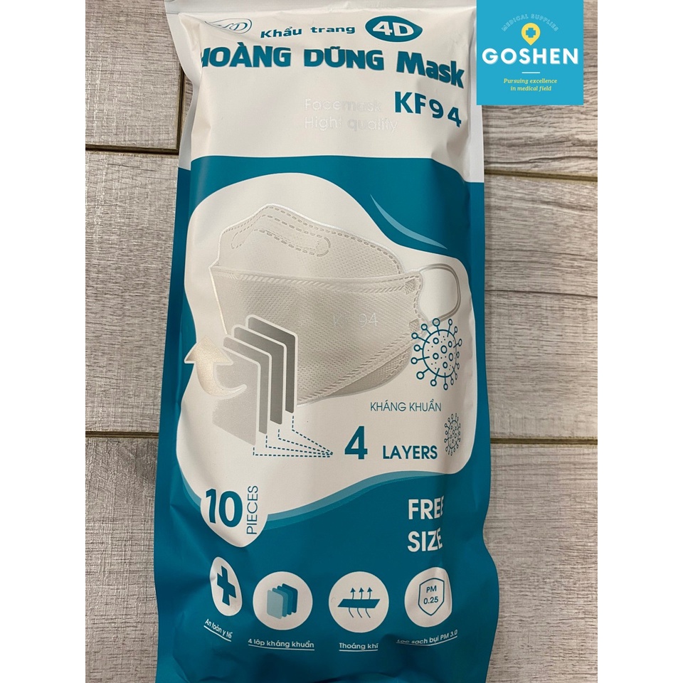 (1 túi 10 cái) Khẩu Trang Kháng Khuẩn 4D Hoàng Dũng Mask KF94