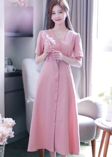 Đầm váy hồng nút bọc form dài (kèm hình thật)