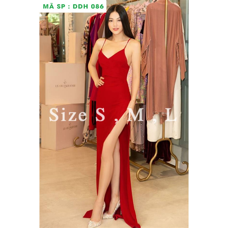 [Shop váy đẹp] Đầm dạ hội đỏ 2 dây xẻ đùi sang trọng Thoitranghd