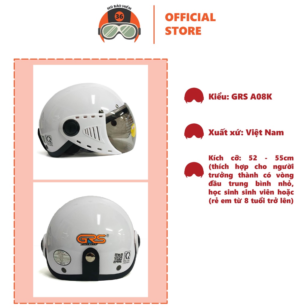 Mũ bảo hiểm nửa đầu có kính GRS A08K size bé (màu trắng)