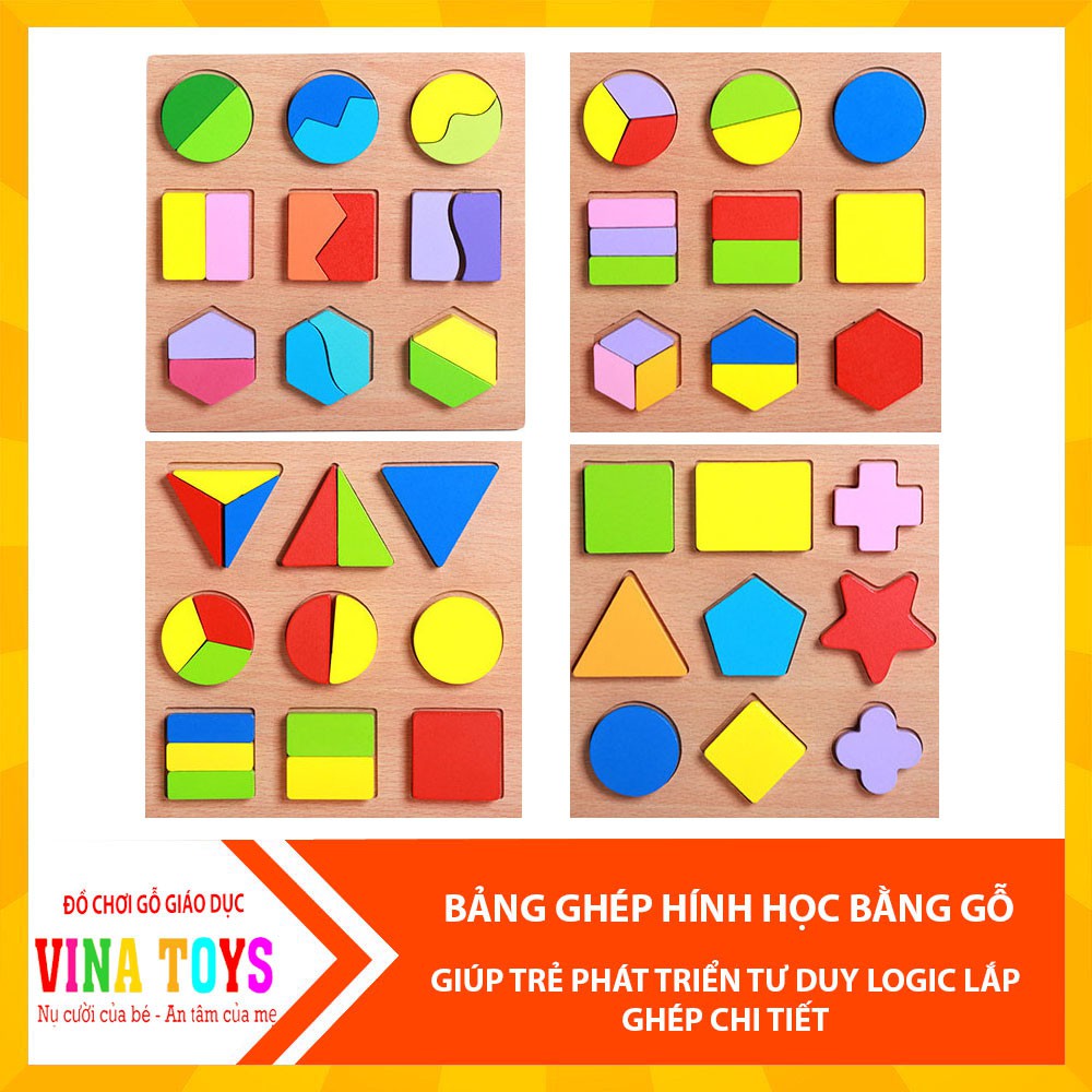 Đồ chơi giáo dục Combo 4 Bảng ghép khối hình học bằng gỗ nổi theo Montessori - ĐỒ CHƠI GỖ THÔNG MINH VINATOYS