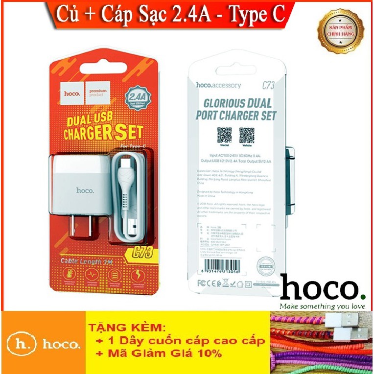 Bộ Củ Cáp Sạc Type-C Cho Android Samsung Oppo Xiaomi Hoco C73 5V/2.4A - Bảo Hành Chính Hãng 12T