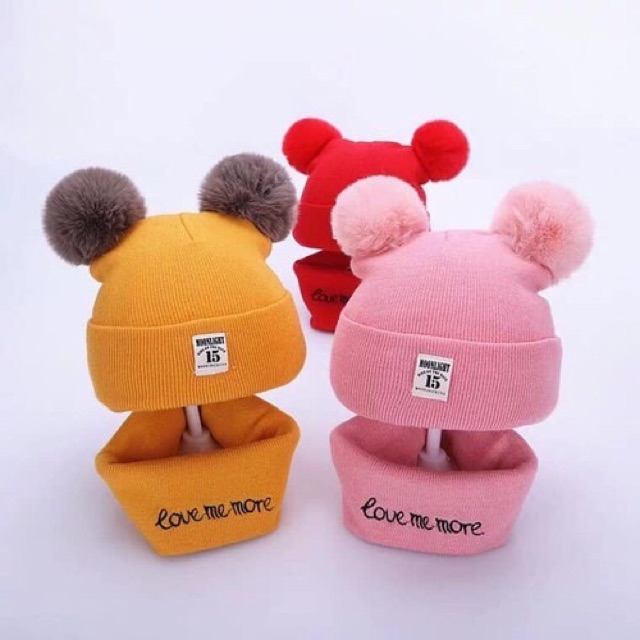 Mũ Len 2 Quả Bông Kèm Khăn Quàng Cổ Cho Bé