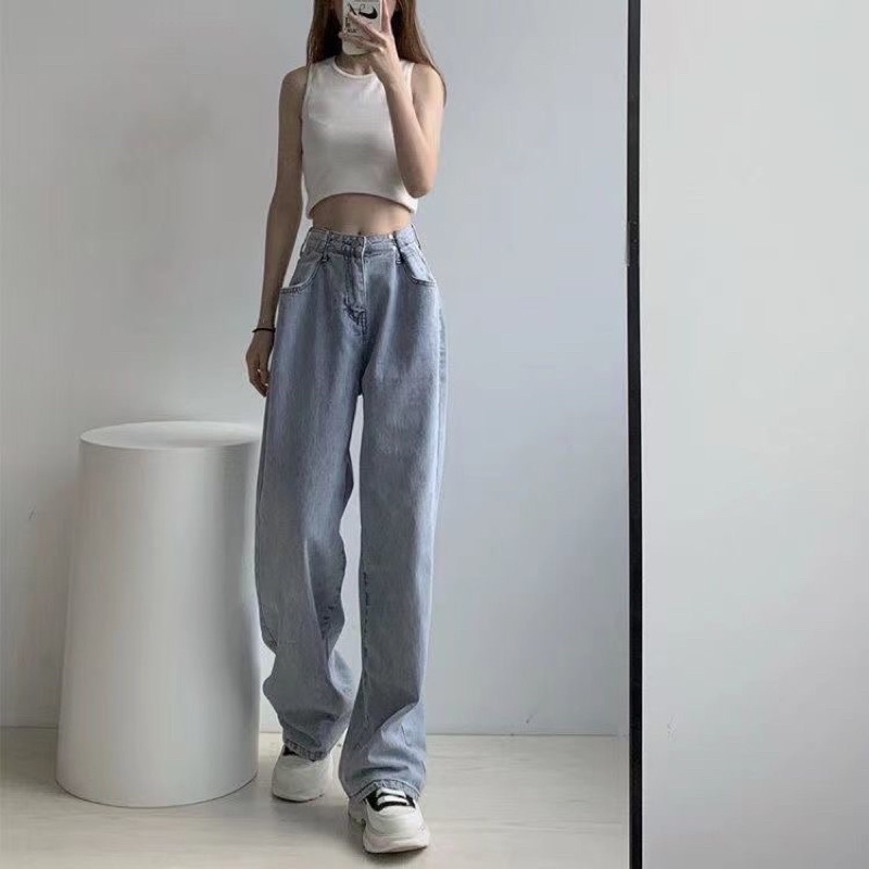 Quần Jeans có cài eo không co giãn ống rộng Meisy