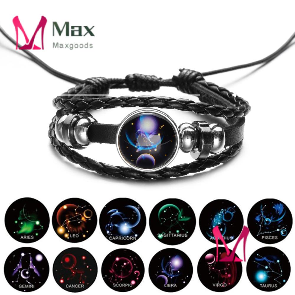 MAX Vòng Tay Da Bện Họa Tiết 12 Cung Hoàng Đạo Phát Sáng Phong Cách Punk Vòng  tay nam/nữ