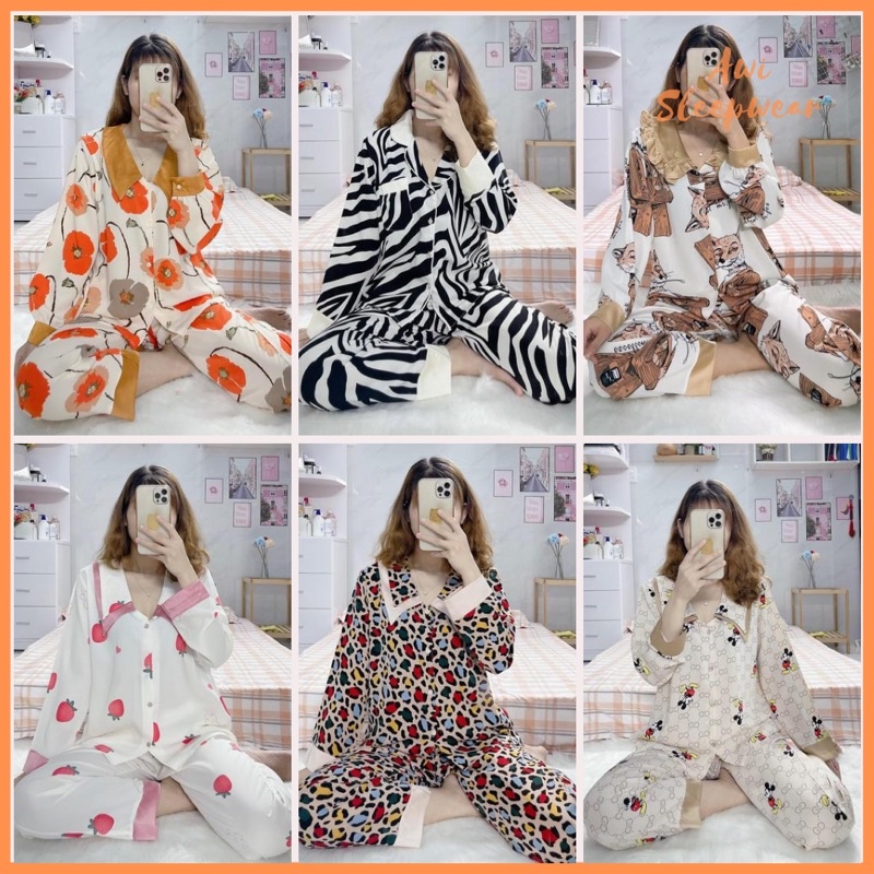 Bộ Pyjama Dài Tay Cổ Nhọn Lụa Mango Sam Luxury Xinh Xắn Nhiều Mẫu - Awi Sleepwear