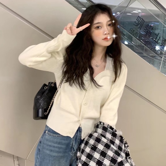 【ZHELIHANGFEI】Áo sơ mi dệt kim V - áo len gió tay dài cổ