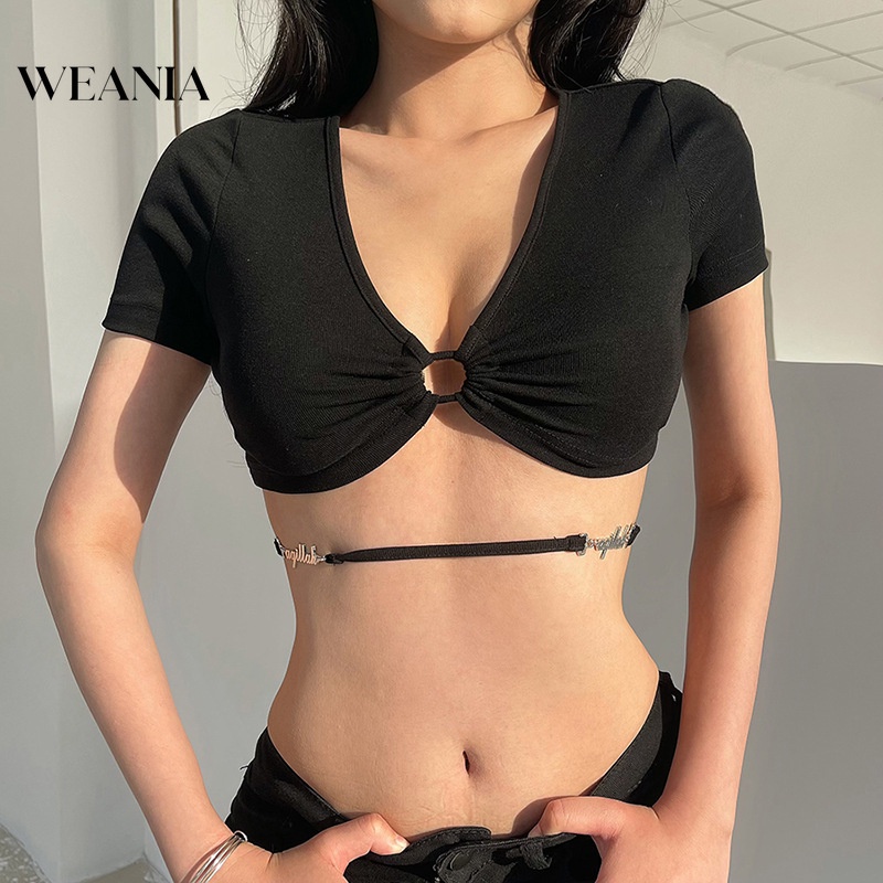 Áo Thun Crop Top Cổ Chữ V Phối Dây Cột Thời Trang Mùa Hè Cá Tính