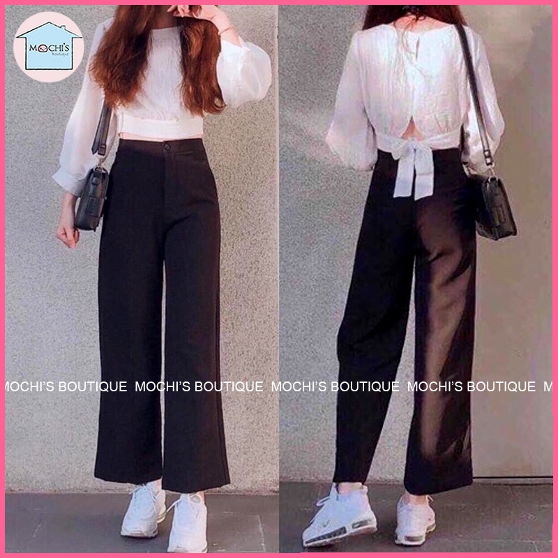 Set đồ nữ nguyên bộ áo tay bồng trắng nơ sau, quần ống suông cực đẹp, lên dáng chuẩn, nữ tính - M019