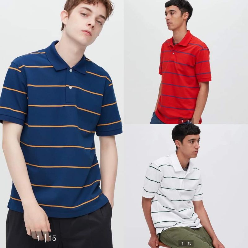 (UNIQLO Nhật chính hãng) Áo Polo nam vải Cotton Pique Ngắn Tay kẻ sọc ngang /chấm bi - MEN Dry Pique Cotton Border Polo