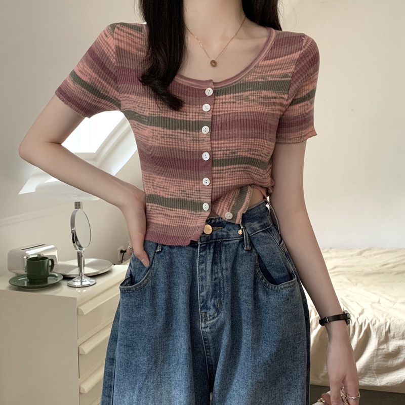 【ZHELIHANGFEI】Áo Cardigan Dệt Kim Tay Ngắn Dáng Ôm Kẻ Sọc Quyến Rũ Trẻ Trung