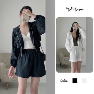 Set đồ nữ , Bộ áo khoác quần đùi có mũ vải gân nổi Hàn Quốc màu đen trắng MYLADY