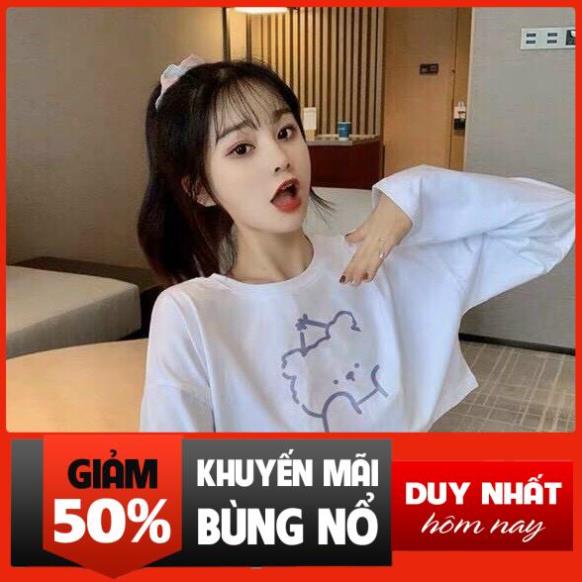 Áo Croptop tay dài nữ form rộng Unisex GẤU Freesize 45-70kg, áo thun nam form rộng tay lỡ, áo phông nữ form r 🔥