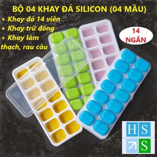 Set 04 Khay đá silicon có nắp đậy không dính mùi thực phẩm, làm rau câu, làm kem, khay trữ đông ăn dặm