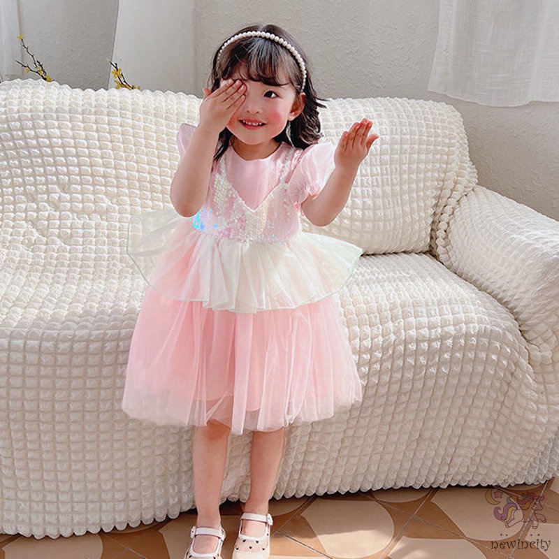 Đầm Tay Ngắn Cổ Tròn Đính Kim Sa Phong Cách Hàn Quốc Thời Trang Cho Bé Gái