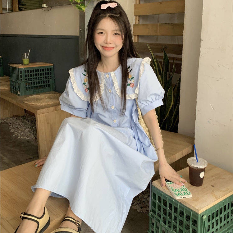 Váy babydoll  Đầm Dài Cổ Búp Bê Thêu Họa Tiết Thời Trang Mùa Hè Hàng Mới 2022