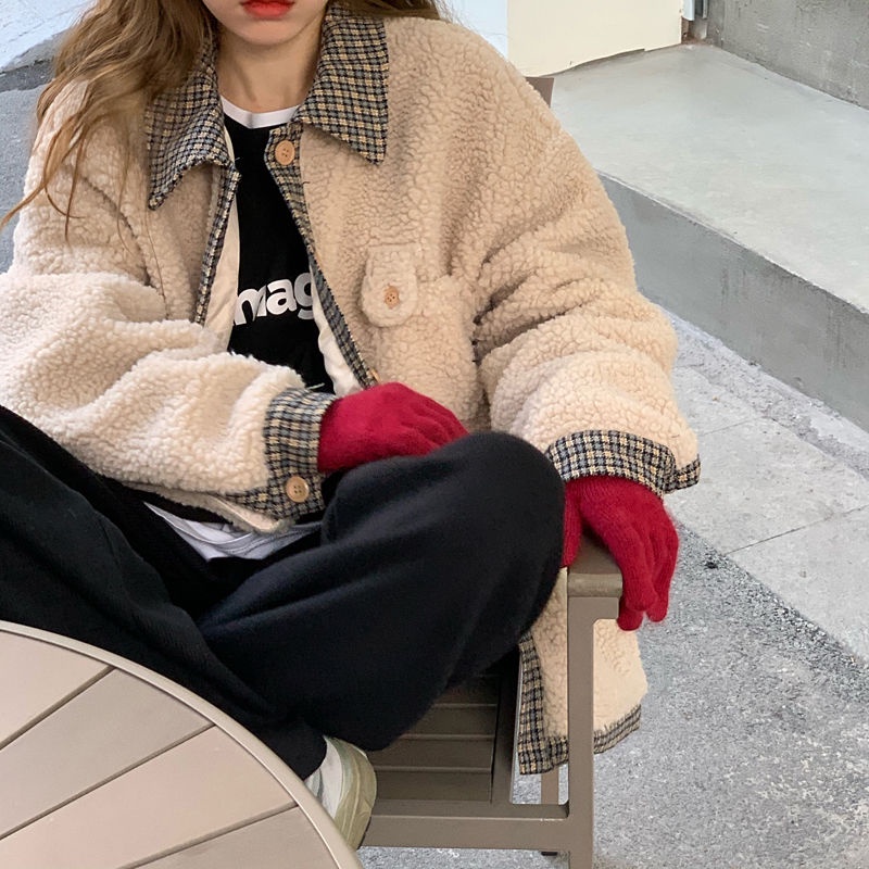 Áo khoác lông cừu giả dáng rộng phong cách Hàn Quốc thời trang dành cho nữ