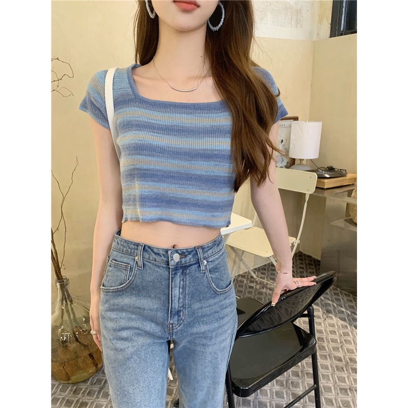 Áo thun len cầu vồng croptop cổ chữ U hottrend 2023 thiết kế mới nhất phong cách  uzzang Hàn Quốc
