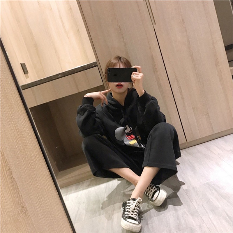 Set Bộ Nỉ Nữ Áo Hoodie Dài Tay In Hình Mickey Kèm Quần Ống Suông Thể Thao Thời Trang Sugal QA NU 027V5