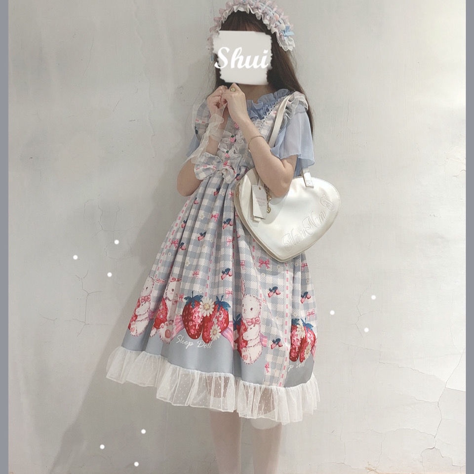 Đầm Lolita Phối Ren Họa Tiết Dâu Tây Xinh Xắn Phong Cách Vintage