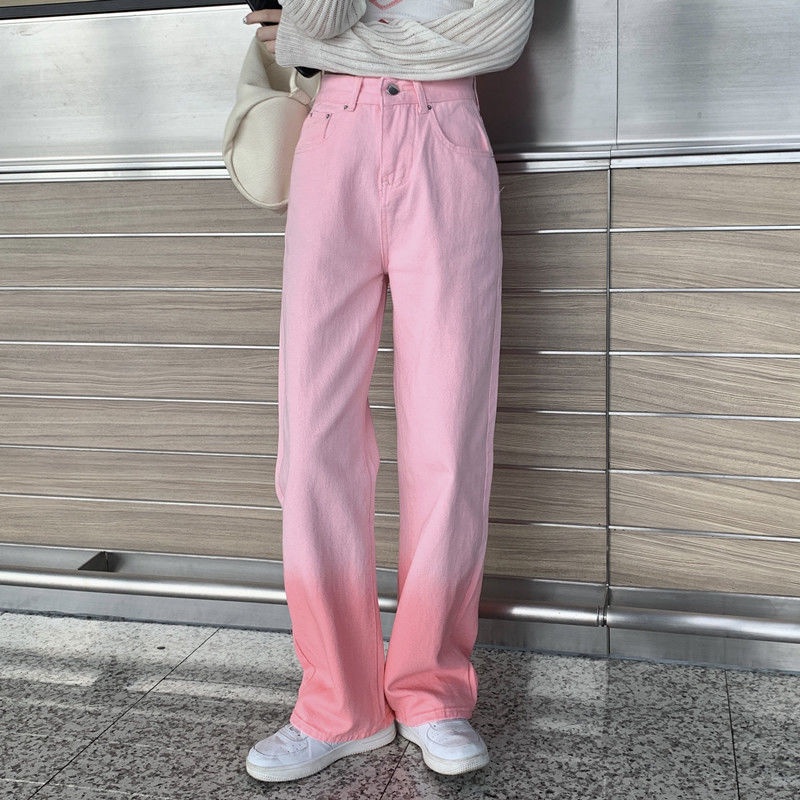 Quần Jean Ống Rộng Lưng Cao Màu Hồng Gradient Thiết Kế Mới Thời Trang Mùa Xuân Dành Cho Nữ